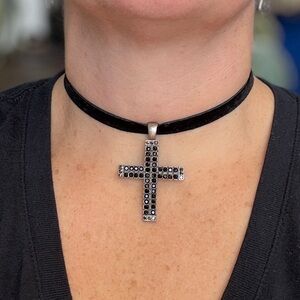 Black Velvet Choker with Rhinestone Cross Pendant